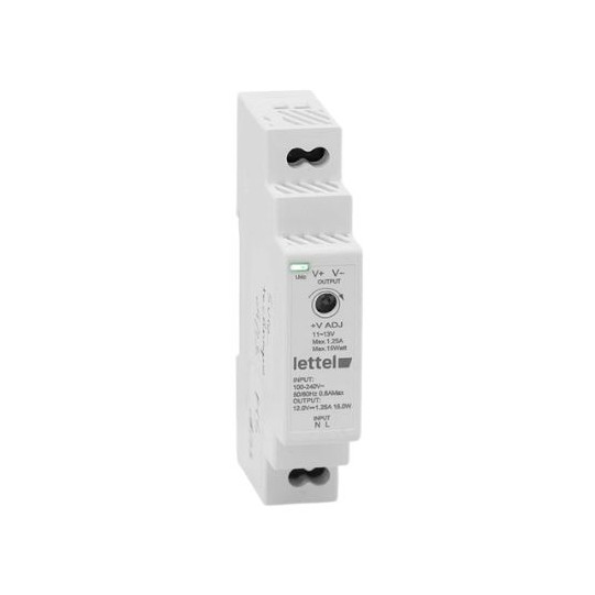 230VAC/12VDC power supply, 15W output. DIN rail mounting, 1 module width. main product photo